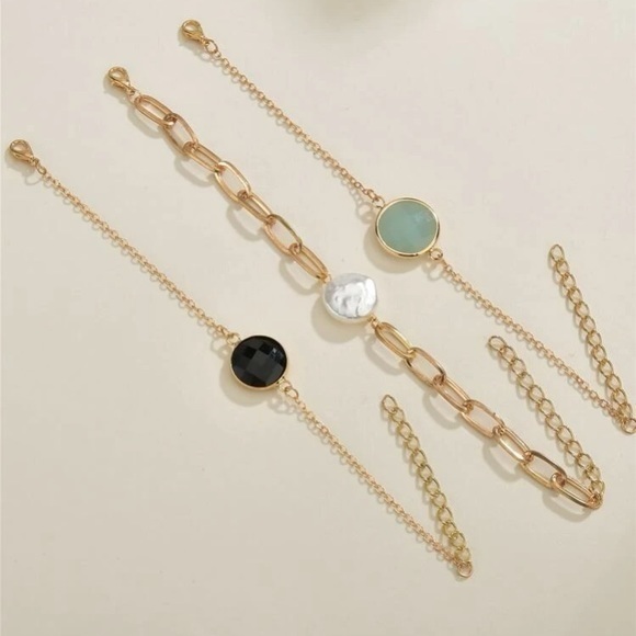 3 pcs Golden Chain Bracelet Set Green White Black - Picture 2 of 4